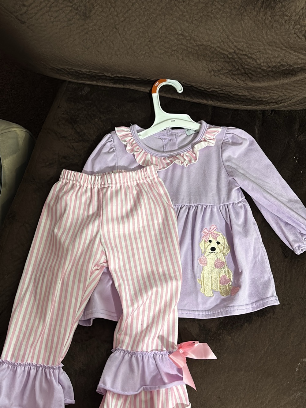 Lavender Puppy Ruffle Pajama Set with Pink Striped Pants - Kids